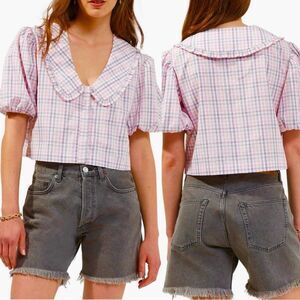 French Connection Yaki Cropped Blouse Top Womens Large Pink Gingham Fairycore